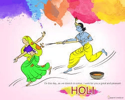 Krishna’s Playful Colors and Love for Radha A female and a male dancer with a colourful background of orange, purple, pink, blue, green